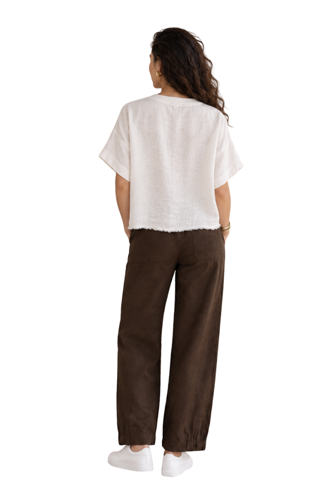Cream Linen Top with Neck Detail and Frayed Hem
