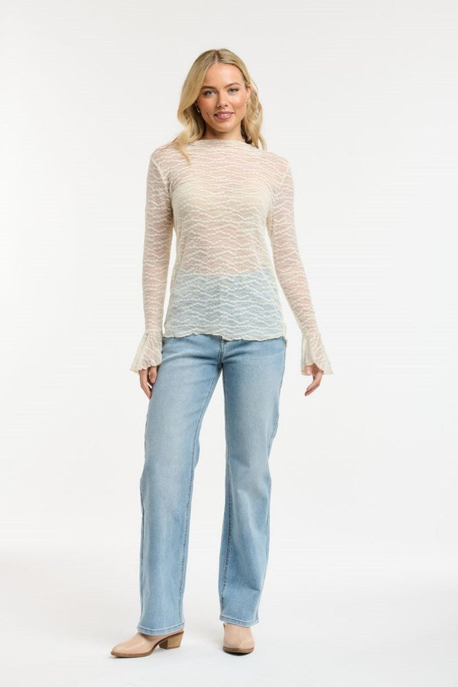 Cream Lace Flare Sleeve Top