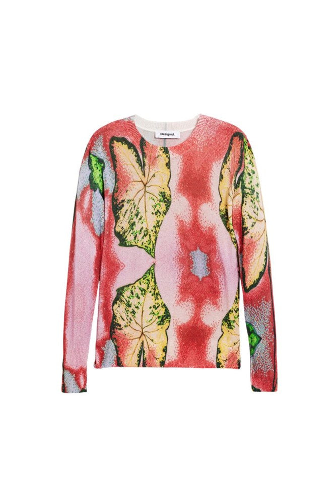 A long-sleeve crewneck knit top featuring a vibrant, multicolored abstract floral and leaf pattern in pink, red, yellow, green, and blue, displayed on a clean white background.