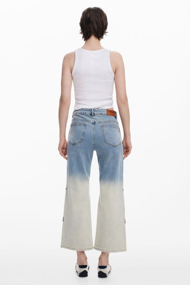 Desigual Floral Embroidered Culotte Jeans – light blue