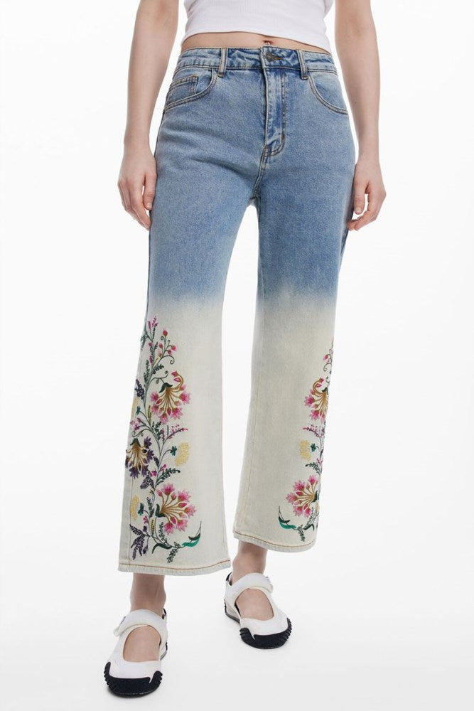 Desigual Floral Embroidered Culotte Jeans – light blue