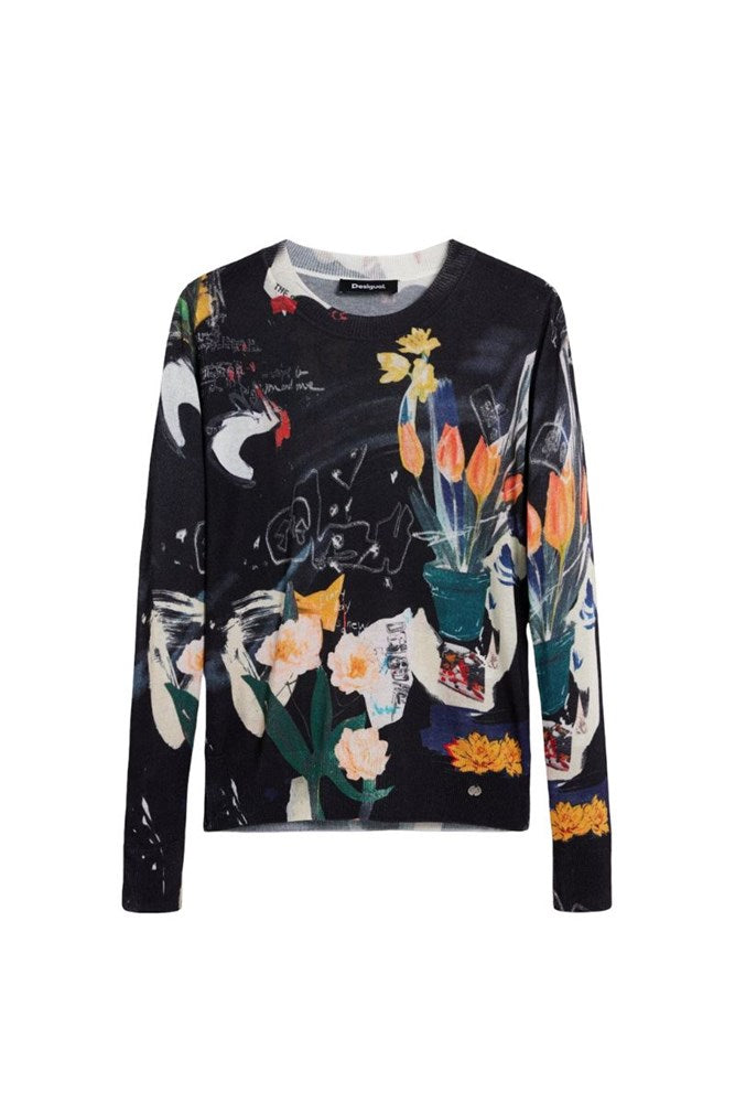 A long-sleeve crewneck top featuring a black base with a vibrant, multicolored abstract floral and graffiti-style print, shown against a plain white background.