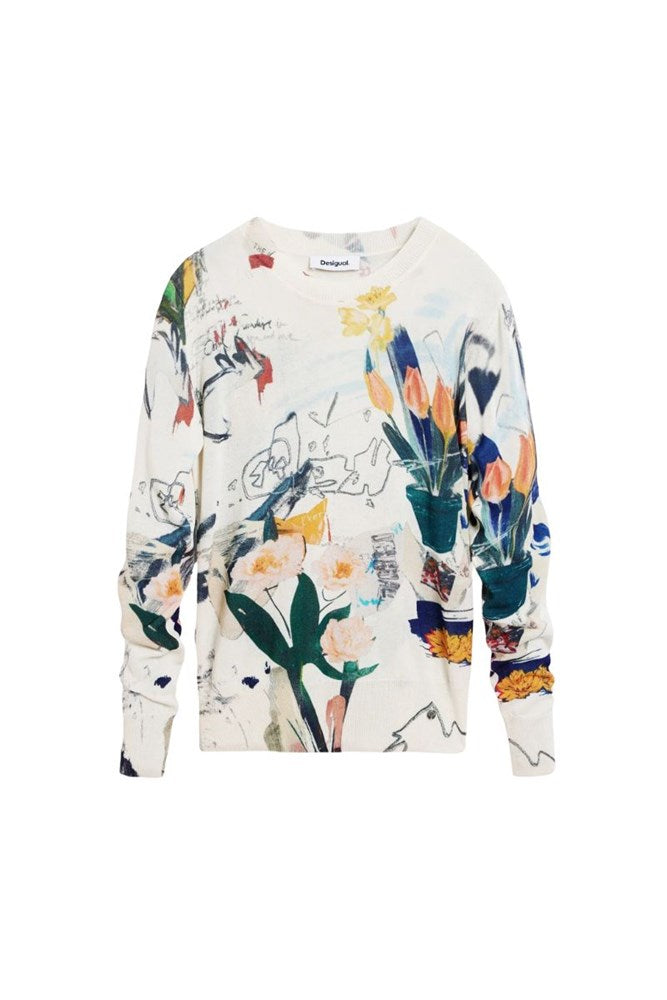 A long-sleeve crewneck sweater featuring a vibrant, multicolor floral and botanical print on an off-white base, with abstract sketch lines throughout. The print includes tulips, daffodils, and green leaves in shades of blue, yellow, orange, and green.