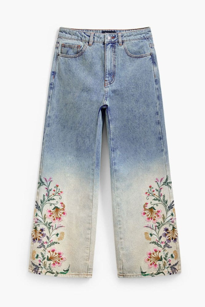 Desigual Floral Embroidered Culotte Jeans – light blue