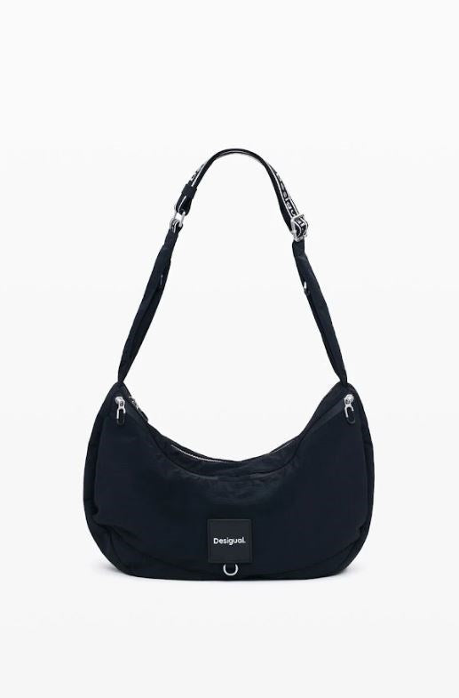 Black handbag with a visible brand logo on a white background