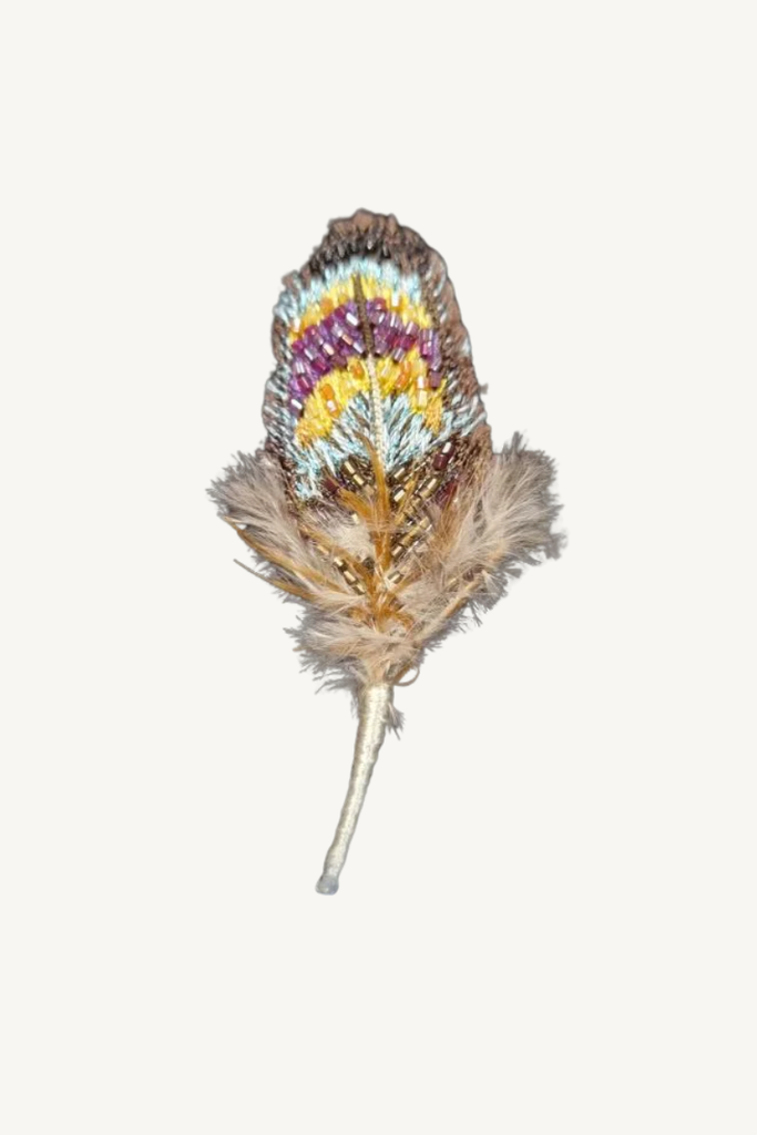 Decorative feather with colorful beadwork on a white background