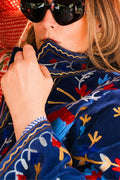 Anika Embroidered  Cotton Velvet Jacket Blue