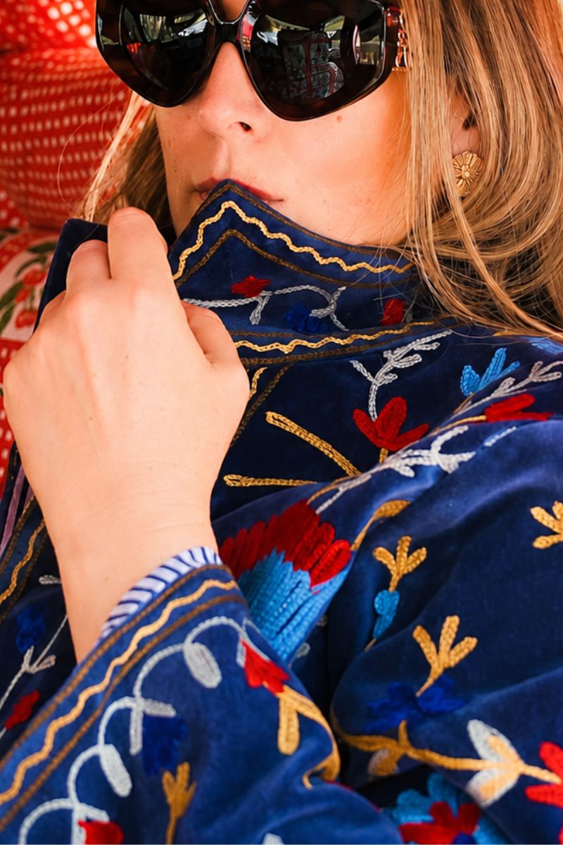Anika Embroidered  Cotton Velvet Jacket Blue