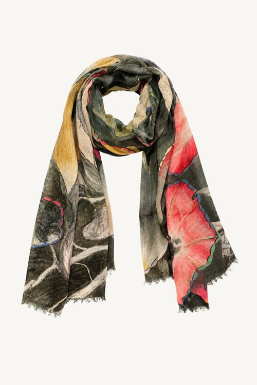 Multicolored scarf with abstract patterns on a white background