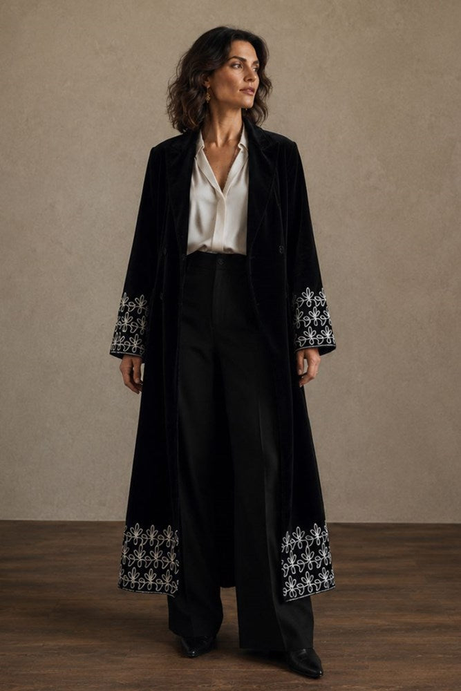 Embroidered Velvet  Long Coat - Black
