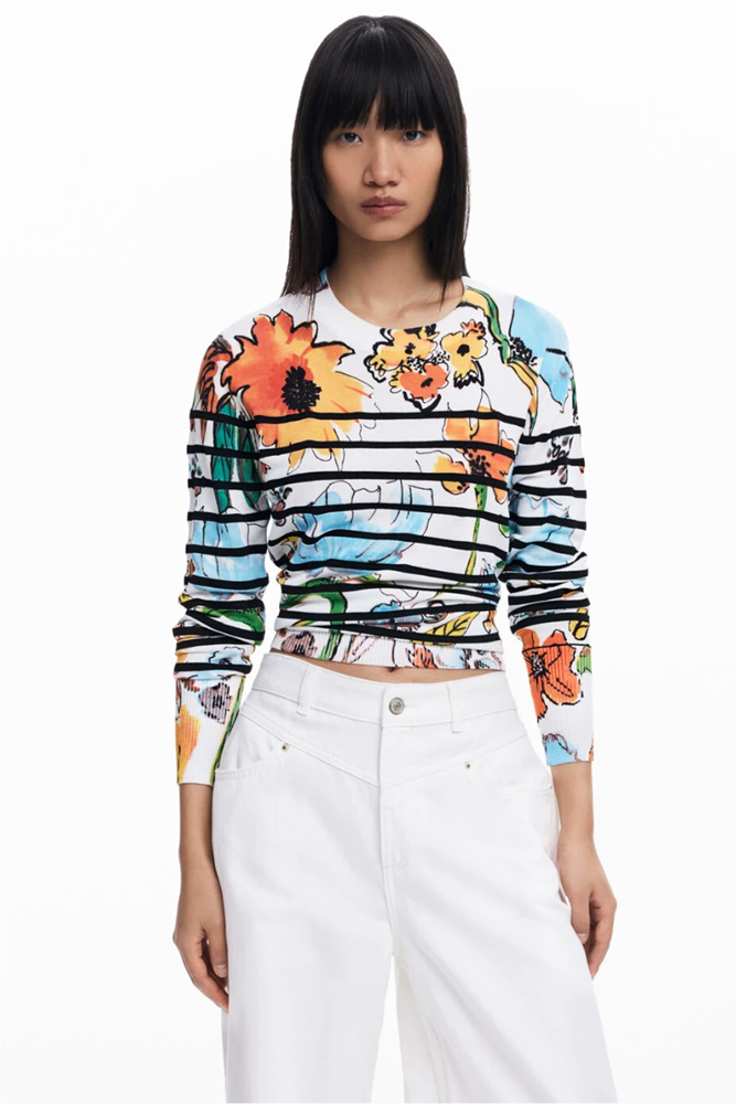 Shop Floral Print Striped Sweater By Desigual - Origen Imports