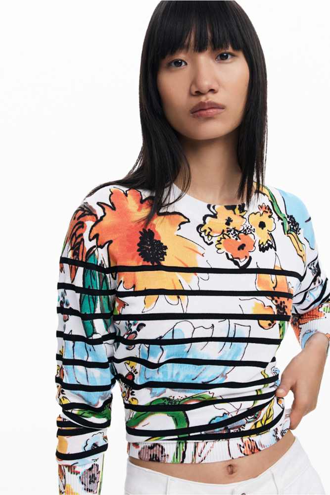 Shop Floral Print Striped Sweater By Desigual - Origen Imports