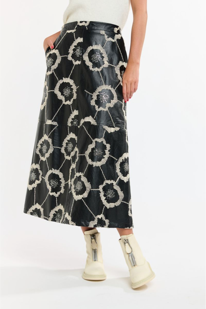Shop Florence Black PU Embroidered Skirt By 365 Days - Origen Imports