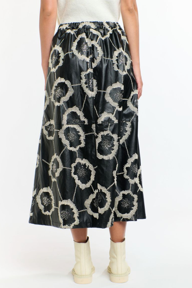 Shop Florence Black PU Embroidered Skirt By 365 Days - Origen Imports