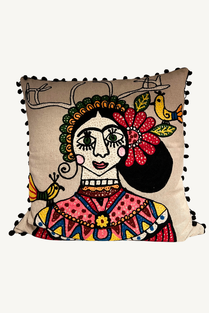 Shop Frida & Birds Embroidered Square Cushion - Statement Piece By Origen - Origen Imports