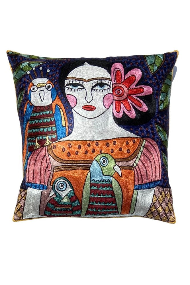 Frida Embroidered Square Cushion - By Origen Imports