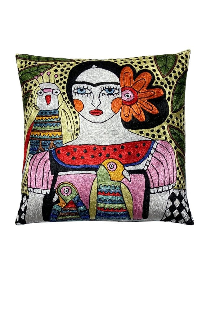 Frida Embroidered Square Cushion - By Origen Imports