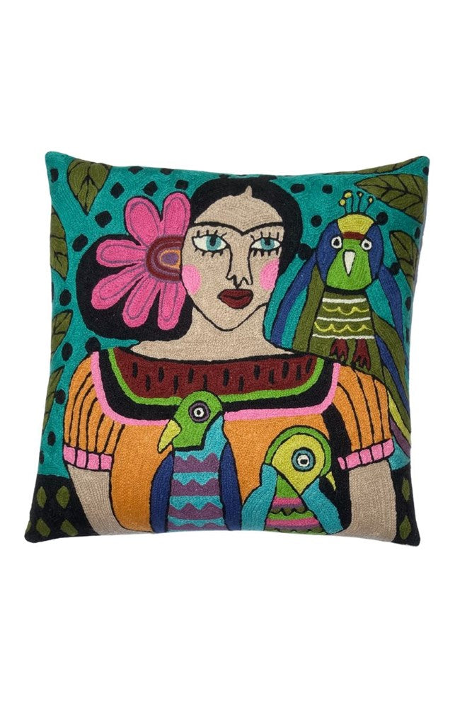 Frida Embroidered Square Cushion - By Origen Imports