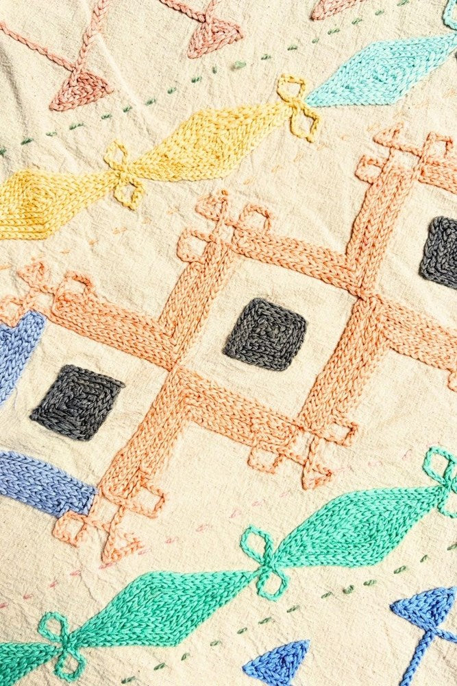 Geometric Cotton Embroidered Cushion in Natural Tones