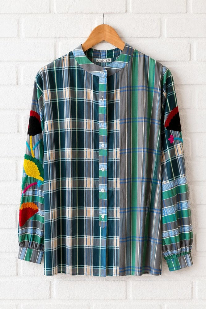 Green Ashley Embroidered Gingham Blouse