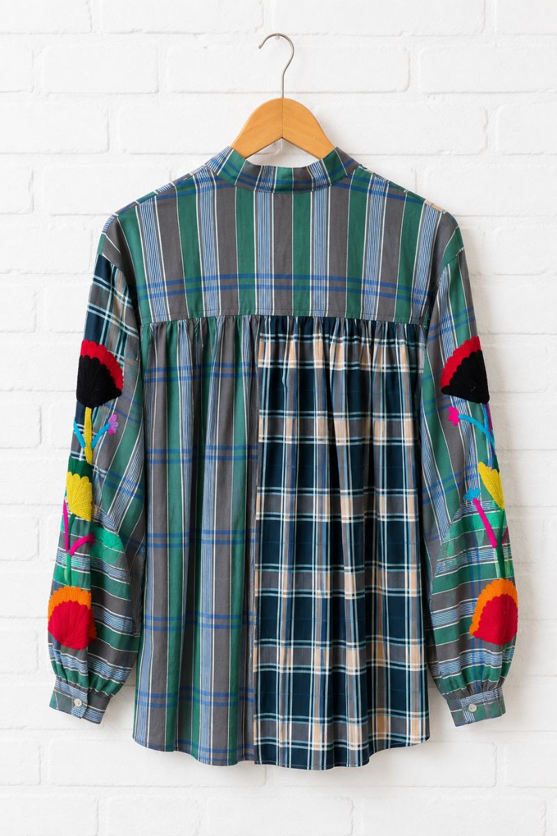 Green Ashley Embroidered Gingham Blouse