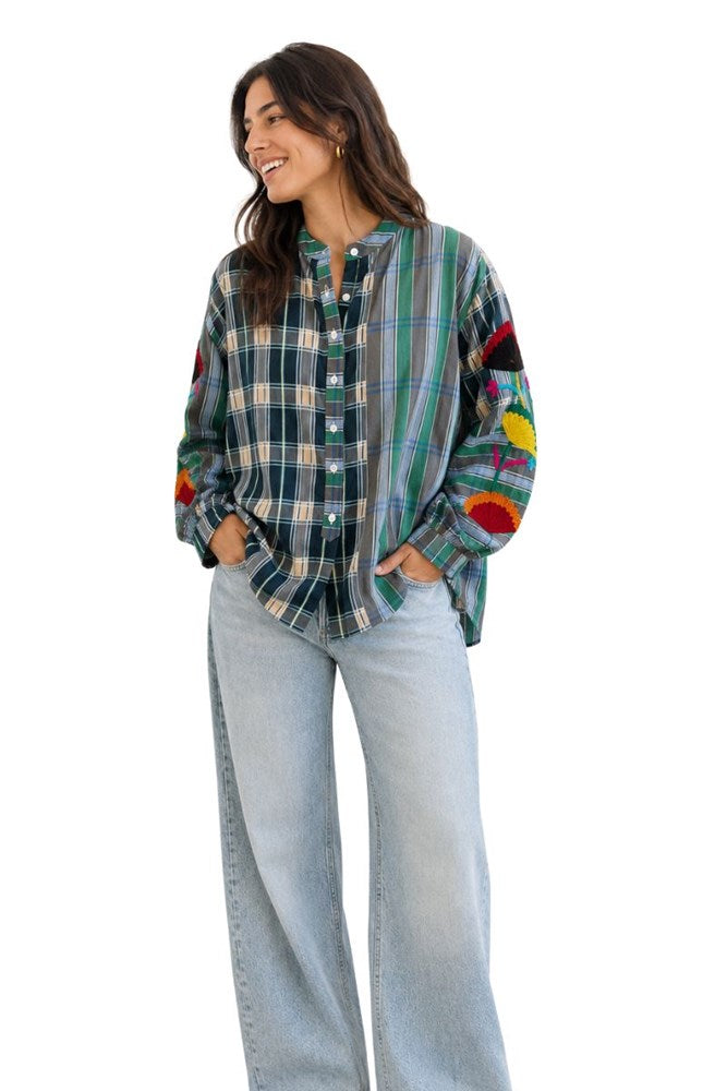 Green Ashley Embroidered Gingham Blouse