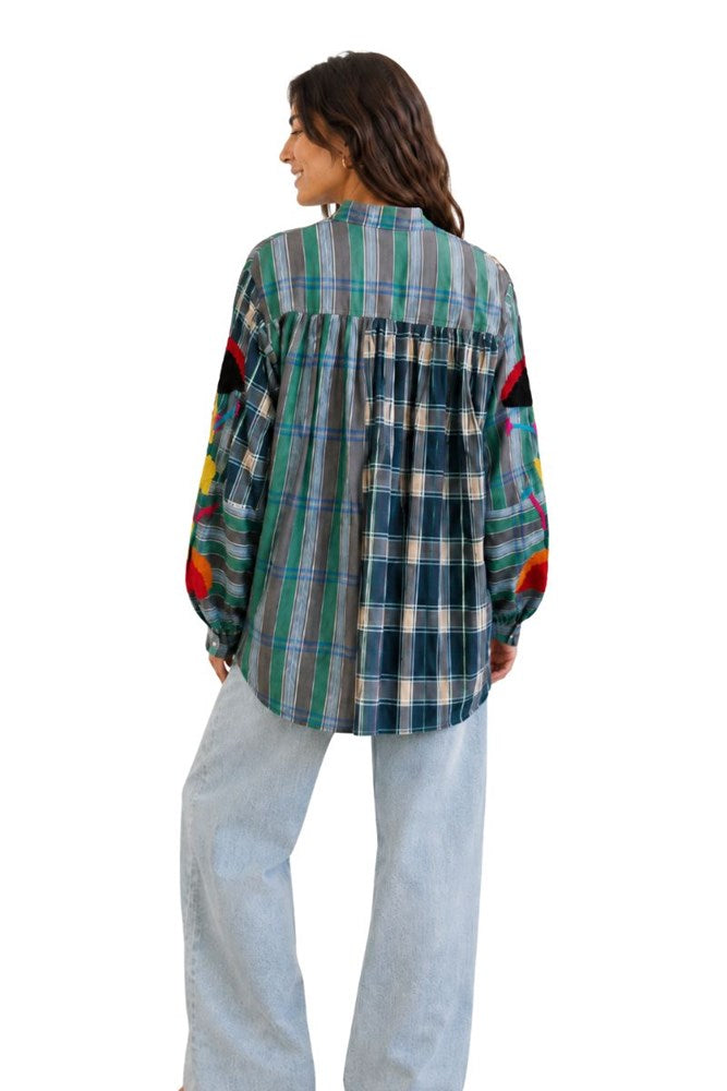 Green Ashley Embroidered Gingham Blouse