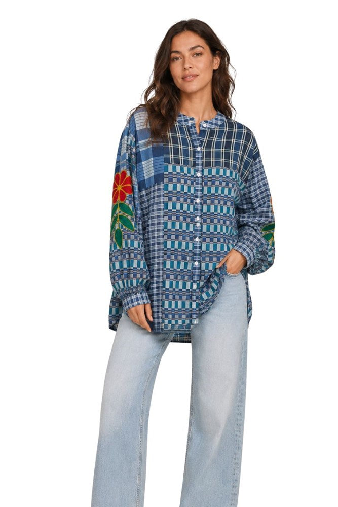 Navy Ashley Embroidered Gingham Blouse