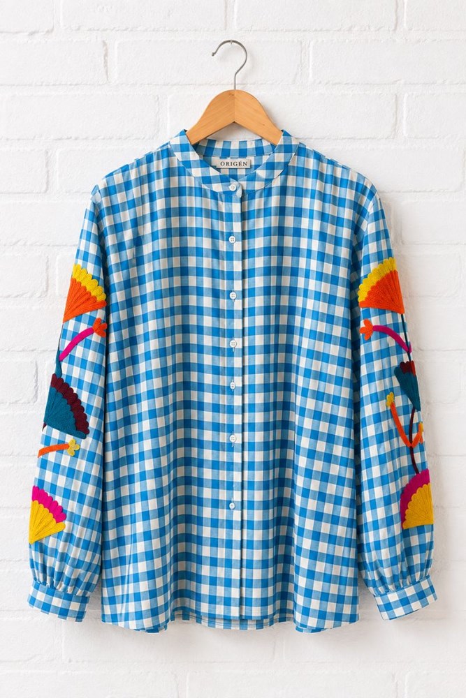 Blue Ashley Embroidered Gingham Blouse