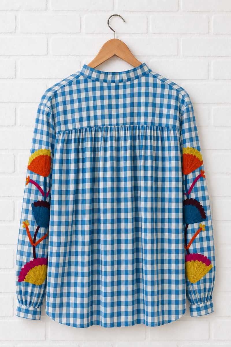 Blue Ashley Embroidered Gingham Blouse