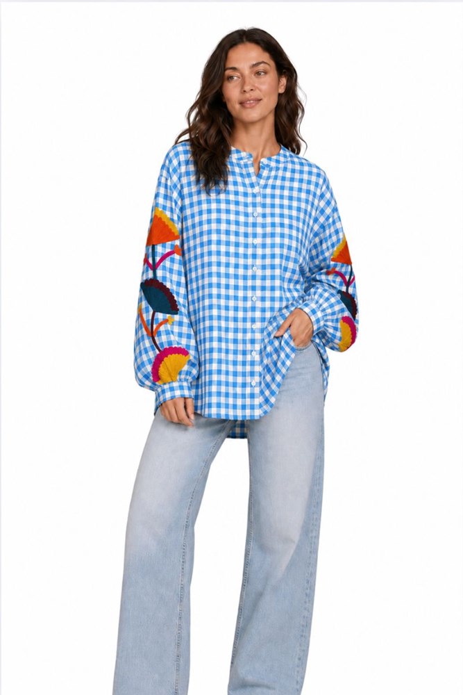 Blue Ashley Embroidered Gingham Blouse