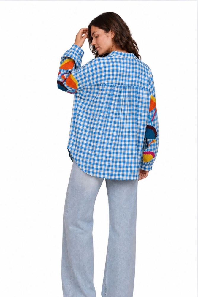 Blue Ashley Embroidered Gingham Blouse