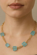 Revise gold link chain necklace- Aquamarine