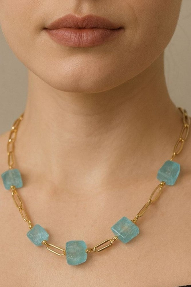 Revise gold link chain necklace- Aquamarine