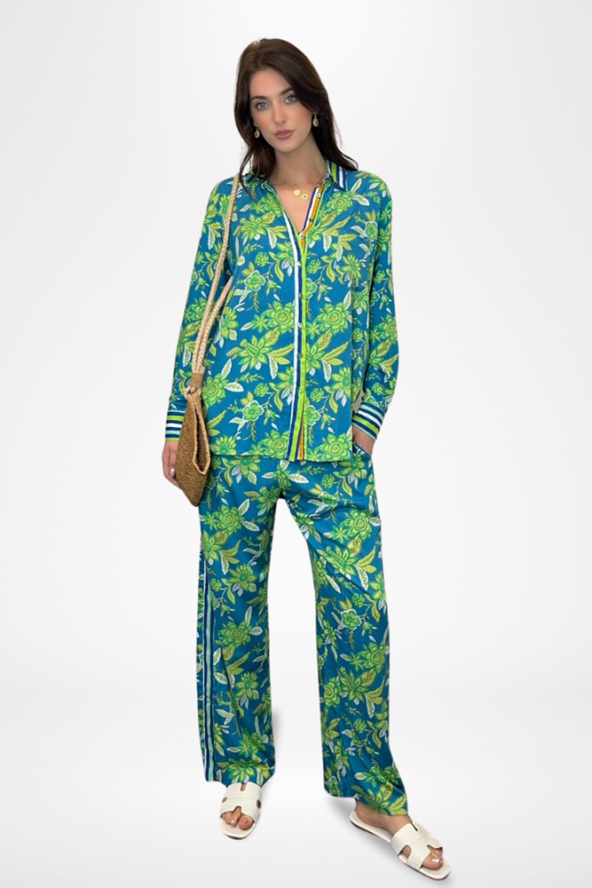 Shop Isla Wide Leg Pants Seaside Floral Print in Greens and Blues By Pixi Carnival - Origen Imports