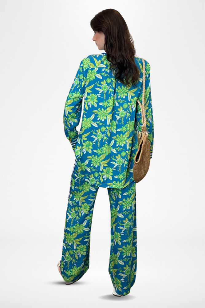 Shop Isla Wide Leg Pants Seaside Floral Print in Greens and Blues By Pixi Carnival - Origen Imports