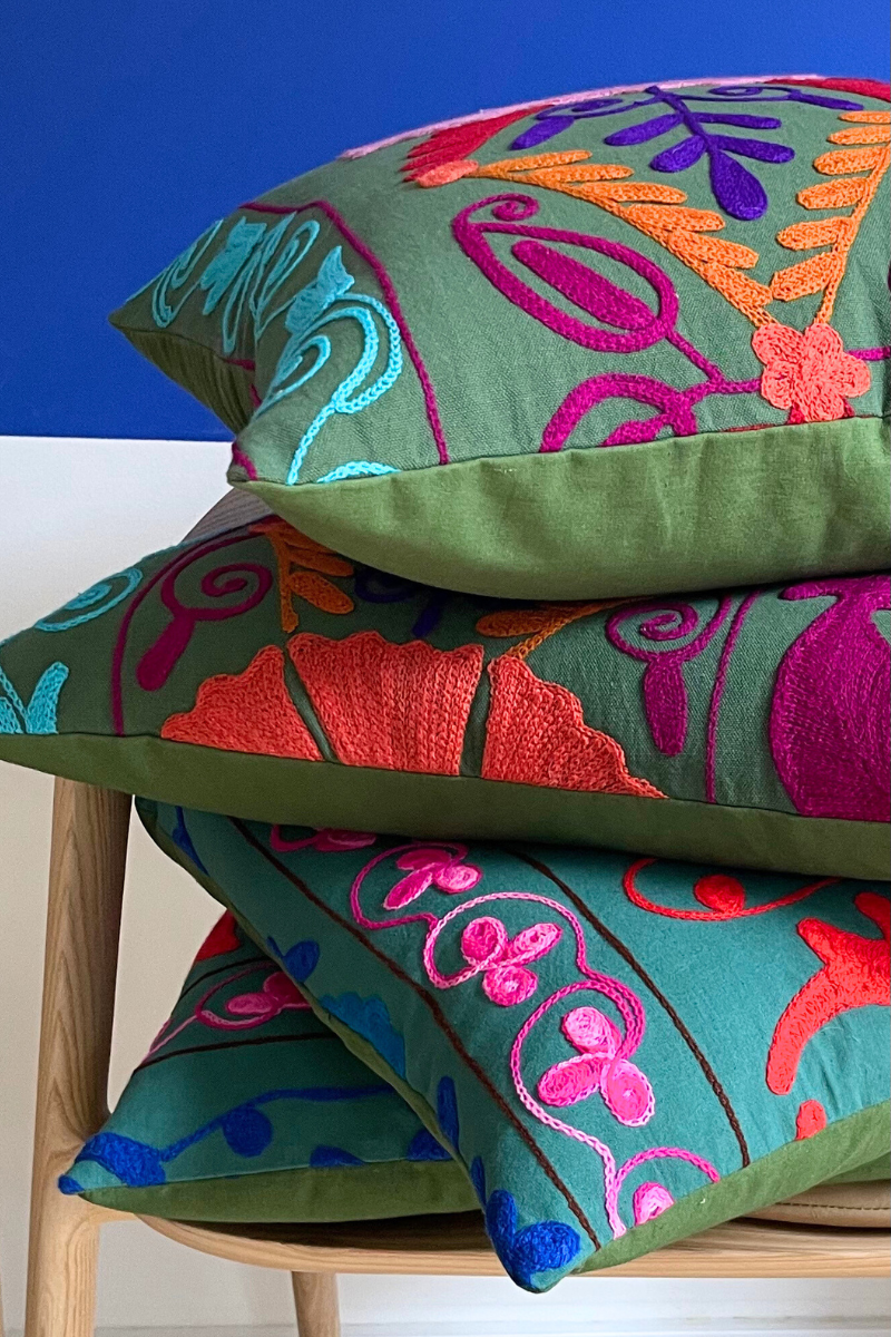 Shop Green Embroidered Floral Square Cushion (50 x 50 cm)By Origen Imports - Origen Imports