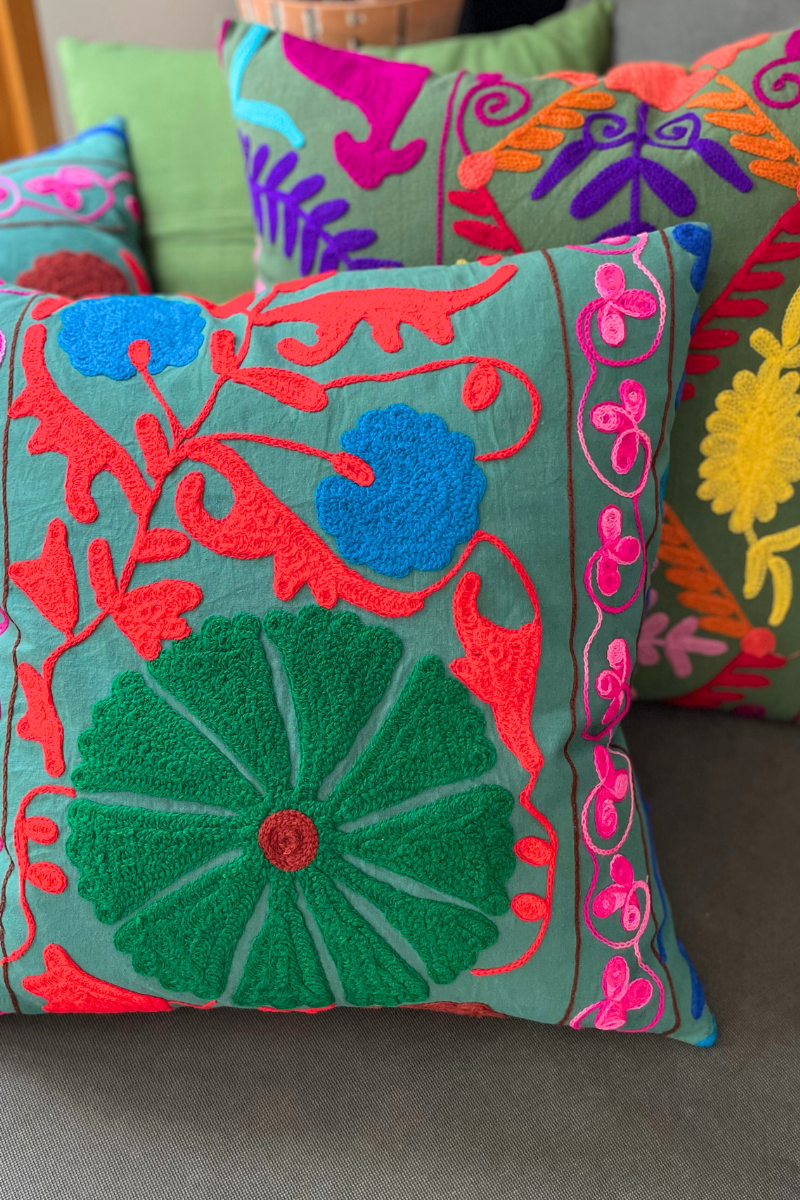 Shop Green Embroidered Floral Square Cushion (50 x 50 cm)By Origen Imports - Origen Imports