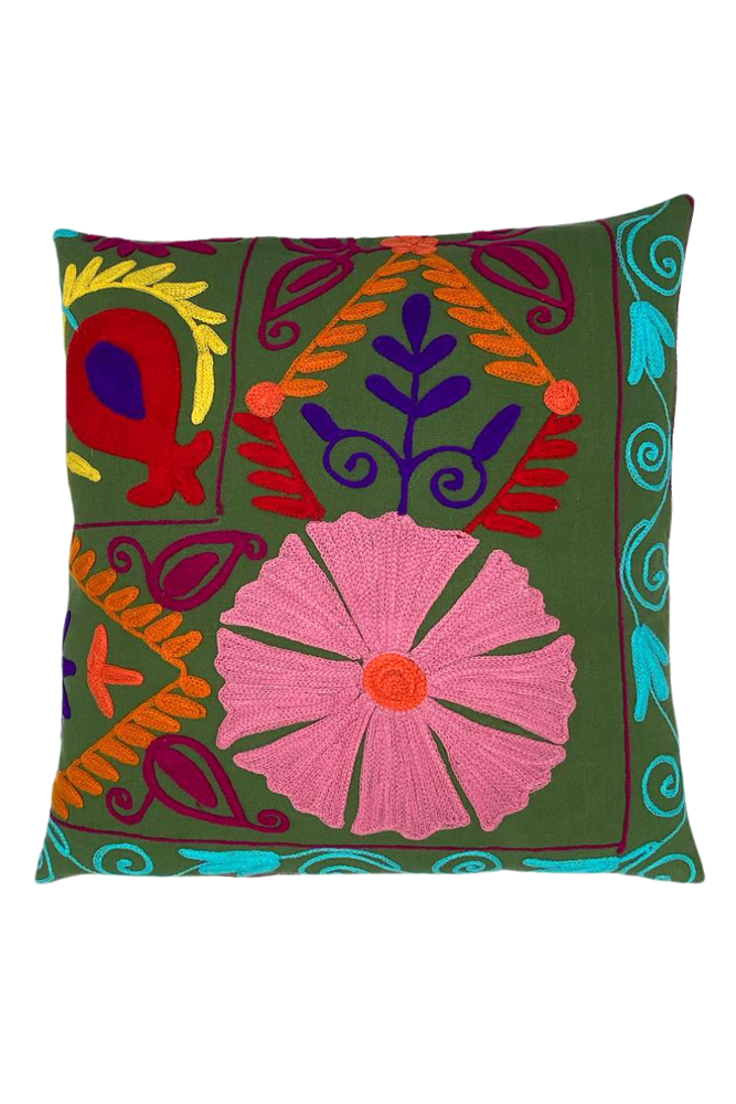 Shop Green Embroidered Floral Square Cushion (50 x 50 cm)By Origen Imports - Origen Imports