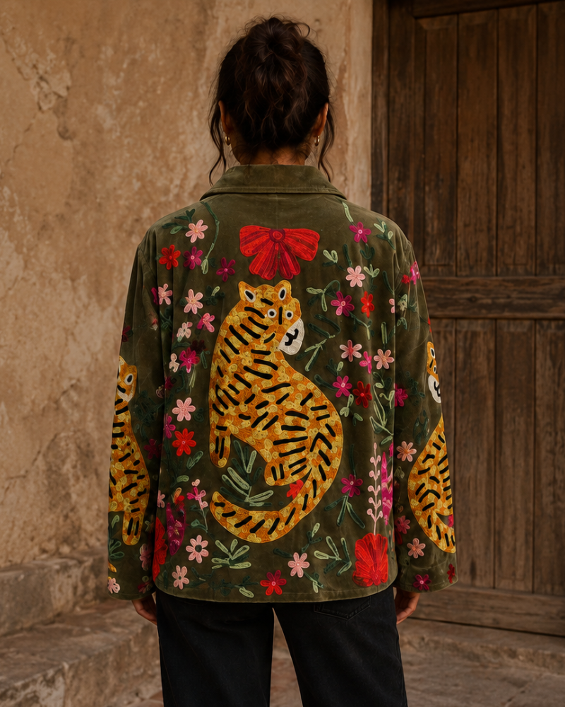 Green Velvet Embroidered Jacket with Tiger Flowers