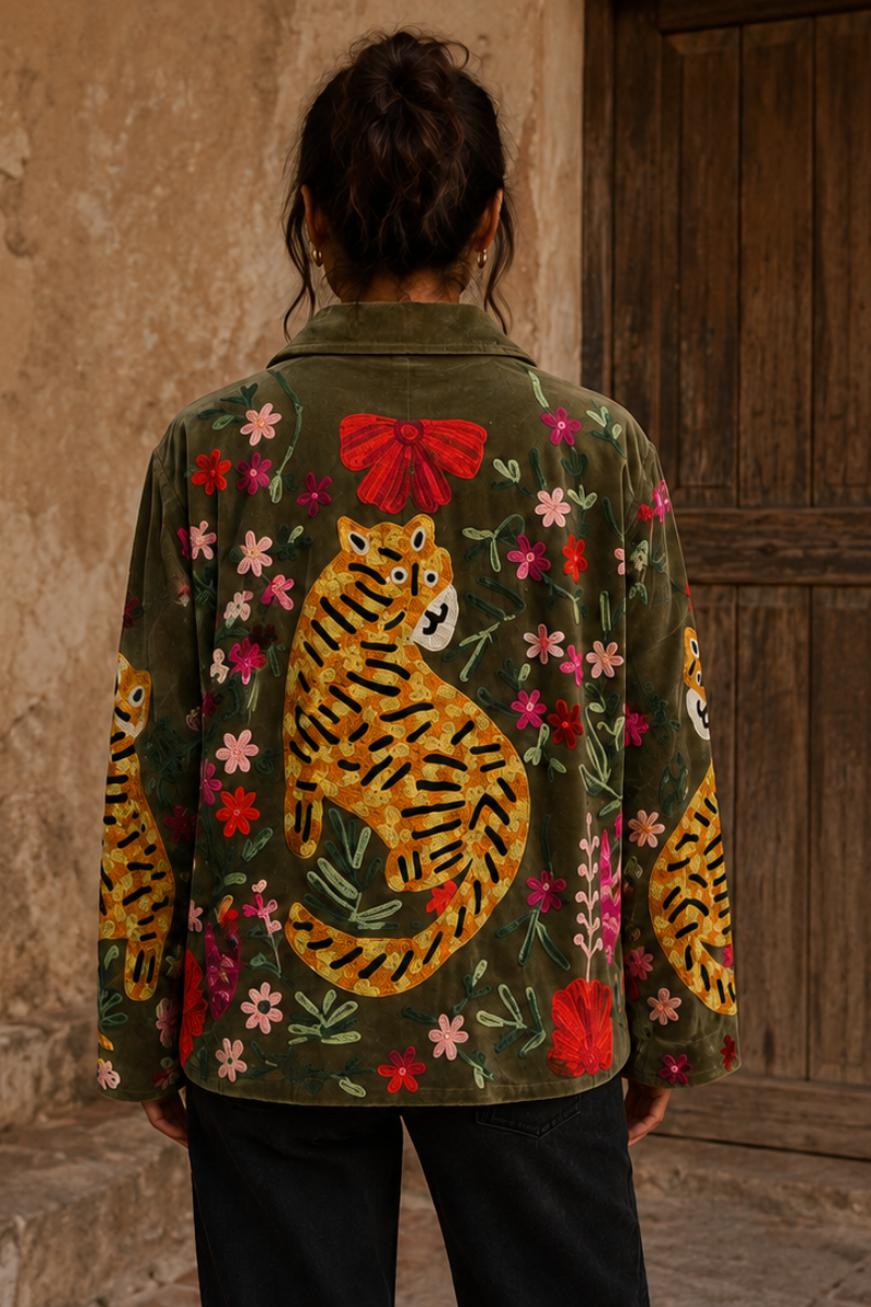 Green Velvet Embroidered Jacket with Tiger Flowers