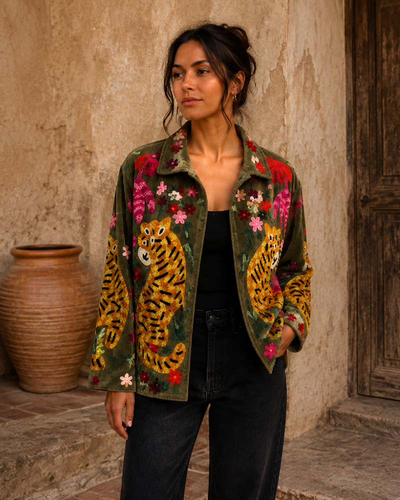 Green Velvet Embroidered Jacket with Tiger Flowers