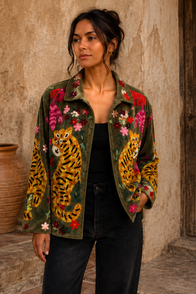 Green Velvet Embroidered Jacket with Tiger Flowers