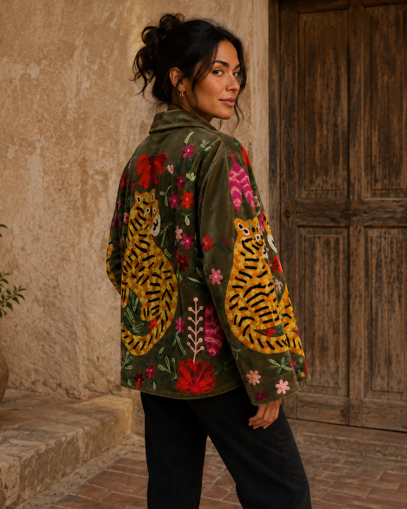 Green Velvet Embroidered Jacket with Tiger Flowers