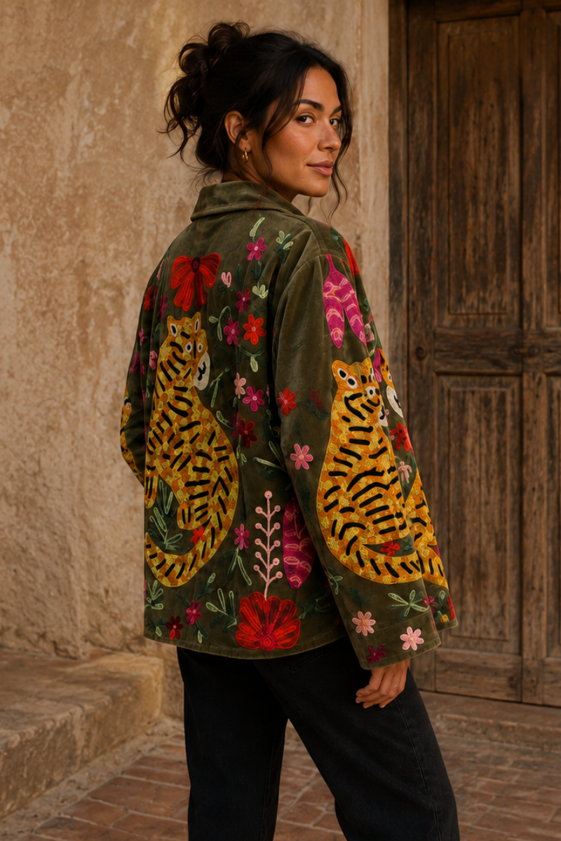Green Velvet Embroidered Jacket with Tiger Flowers