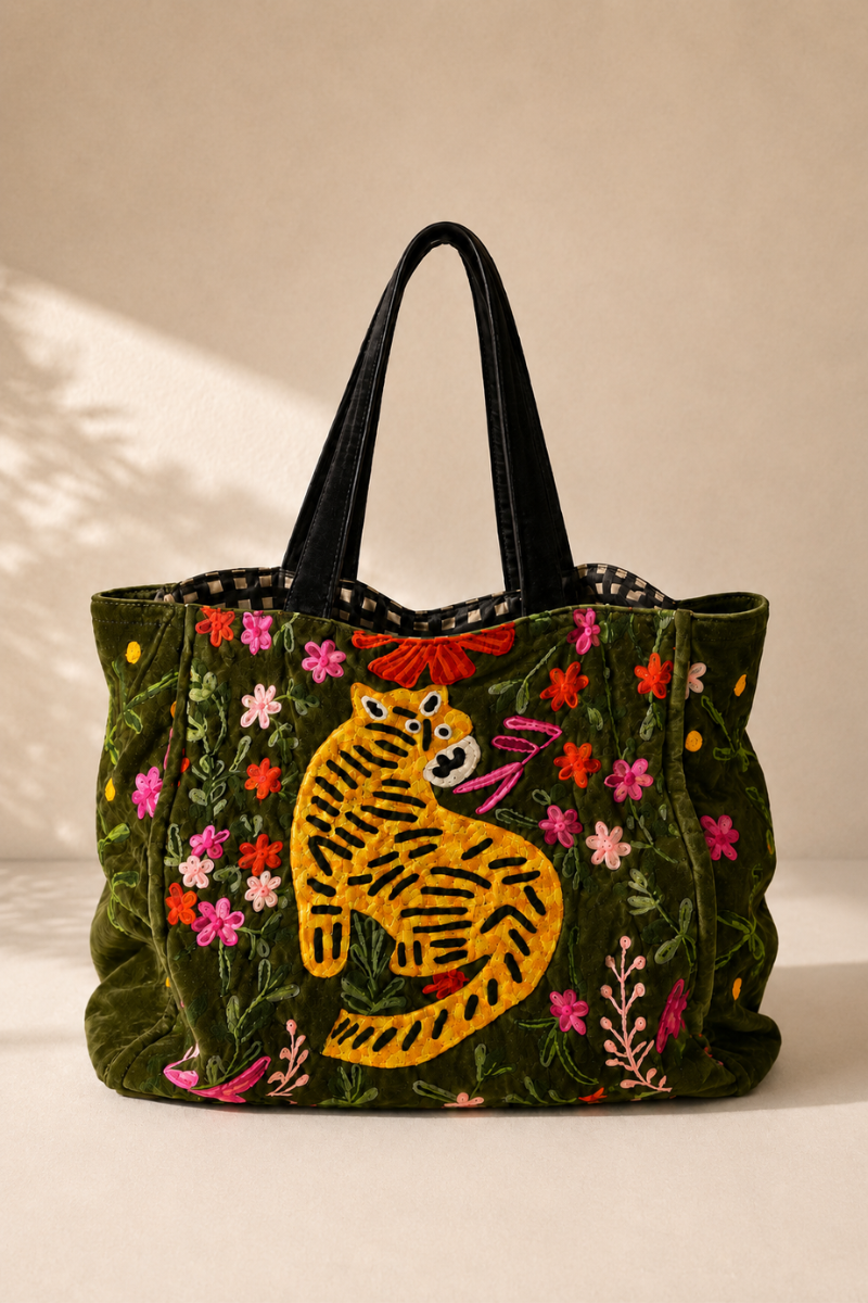 Green Velvet Embroidered Weekend Tiger Bag