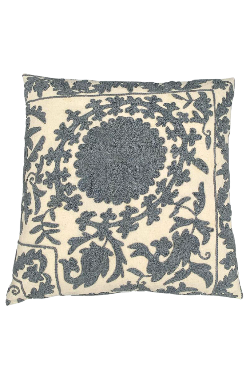 Shop Grey Embroidered Floral Square Cushion (50 x 50 cm) By Origen Imports - Origen Imports