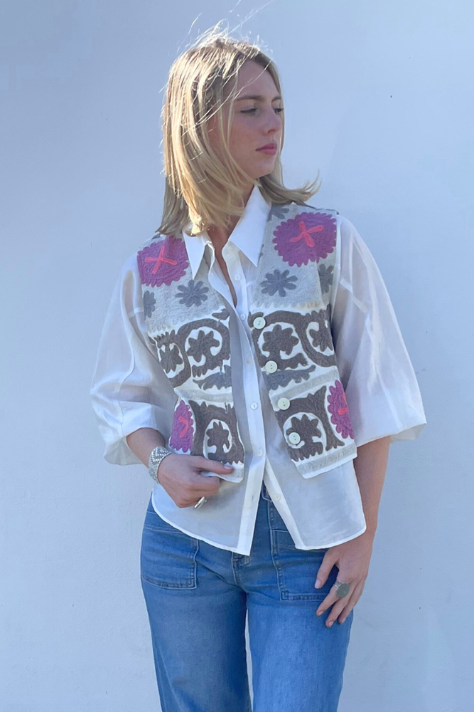 Shop Heritage Cotton Embroidered Vest By Origen - Taupe, Grey & Pink - Origen Imports