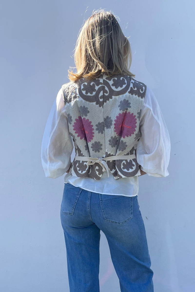 Shop Heritage Cotton Embroidered Vest By Origen - Taupe, Grey & Pink - Origen Imports