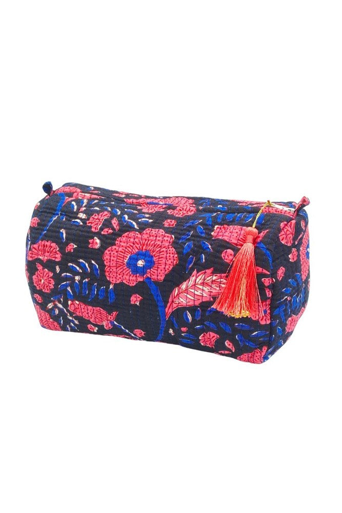 Cotton Quilted 3-Piece Travel Bag & Pouch Set – Black & Pink Floral